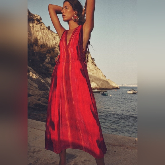 ZARA Sleeveless V-Neck Bead Appliques Tie Dye Midi Dress - Picture 1 of 8